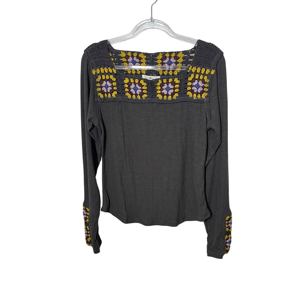 Natural Life Crochet Granny‎ Square Top Womens XL Charcoal Grey Boho Ribbed